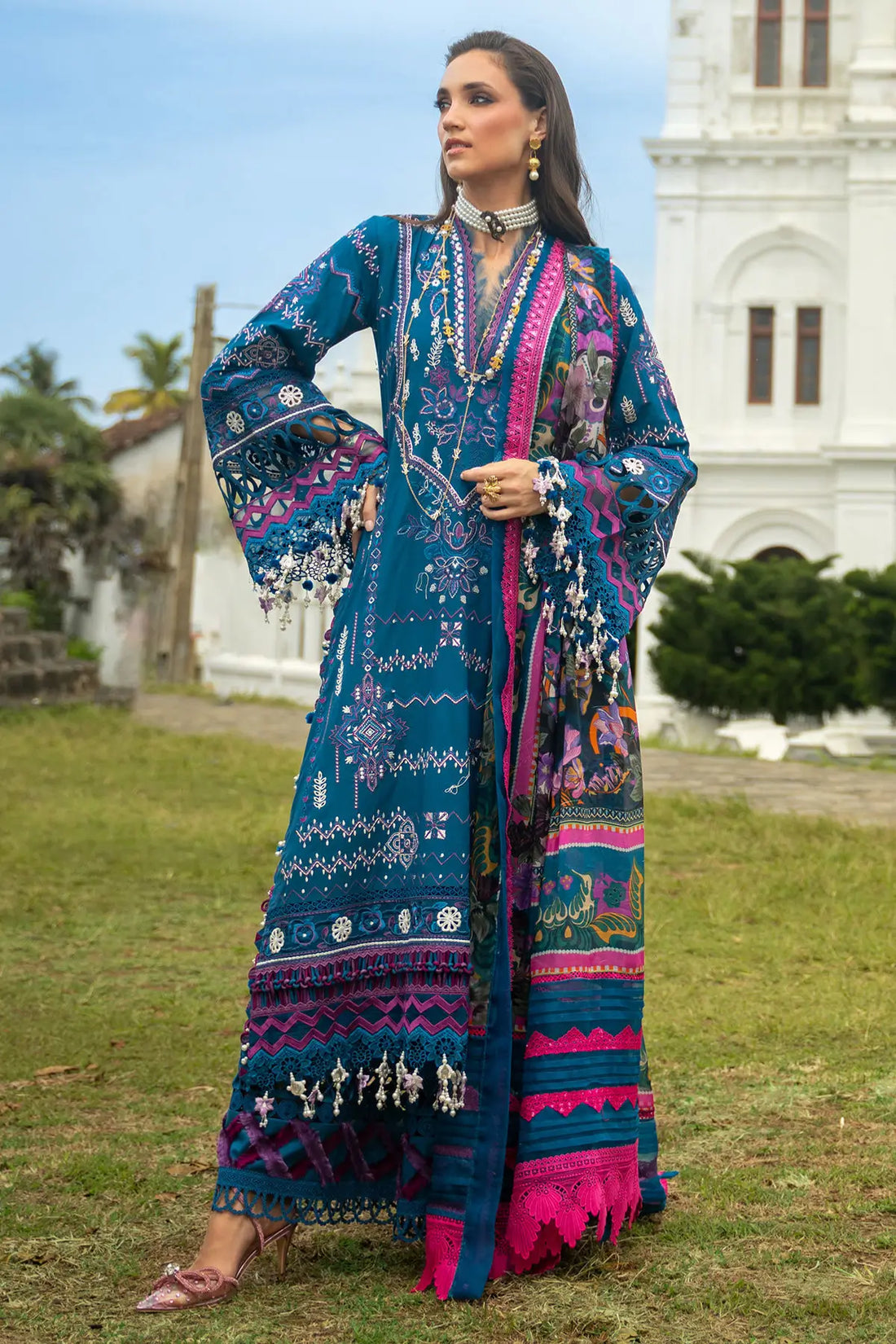 Seraya Annus Abrar teal blue embroidered lawn ready to wear suit