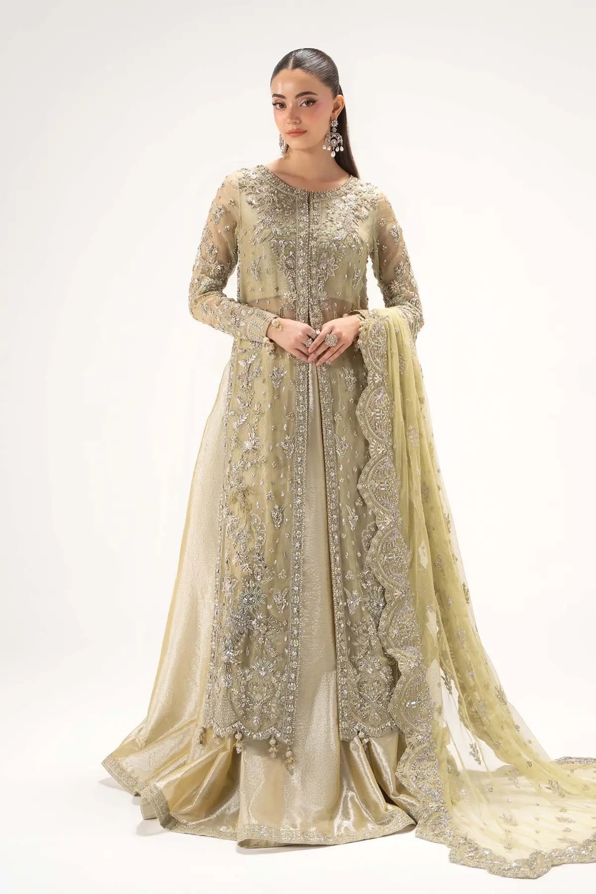 Serelia apple green organza bridal gown with tissue lehenga, bustier and net dupatta by Maria B Retro Shadmani
