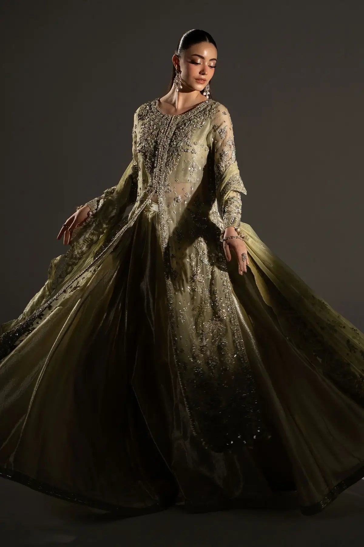 Serelia apple green organza bridal gown with tissue lehenga, bustier and net dupatta by Maria B Retro Shadmani