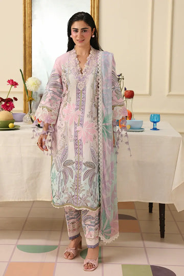 Serena Bloom Mushq Soleil Prints pink stitched lawn suit with chiffon dupatta and embroidered lace details