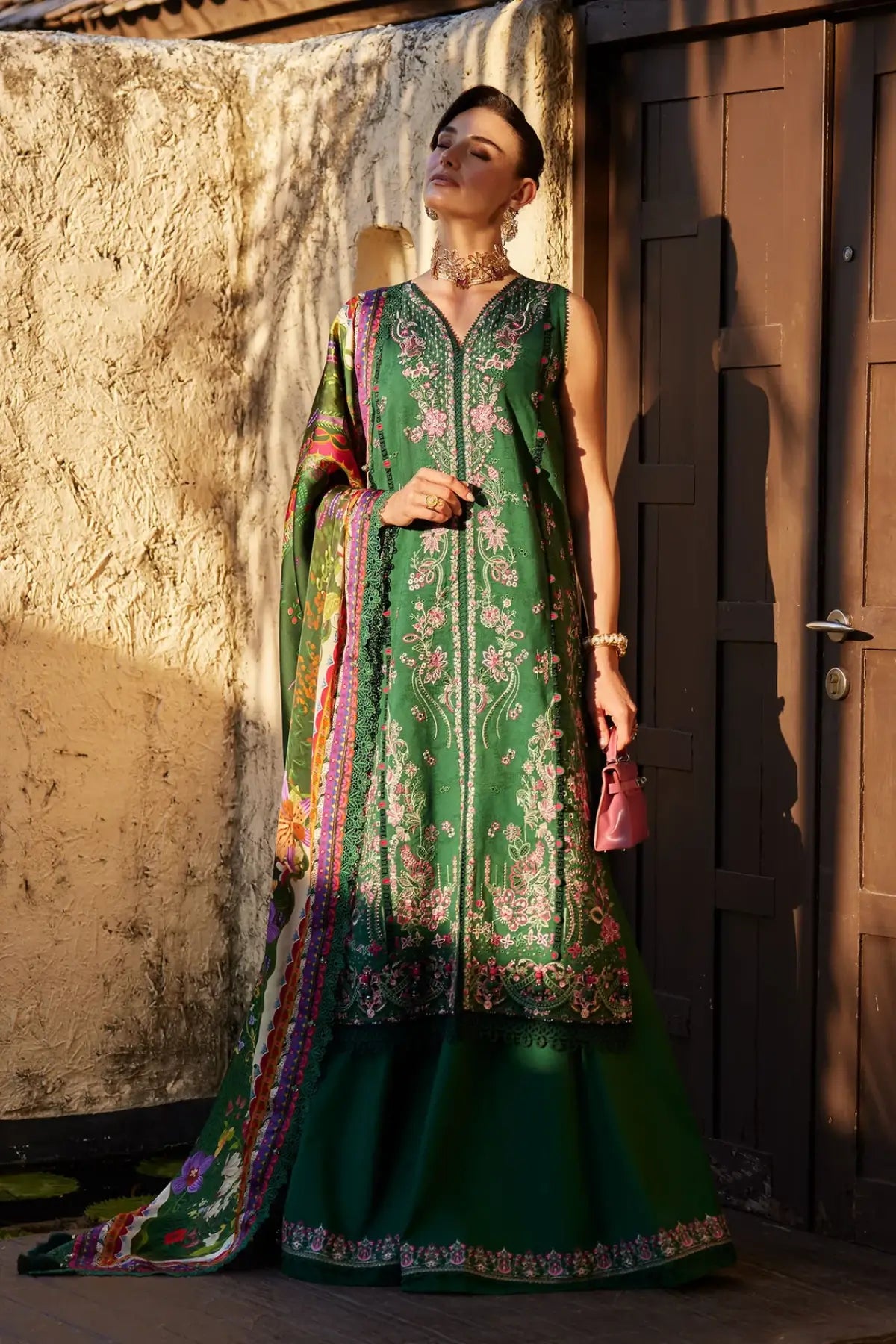 Serena emerald designer stitched lawn suit with embroidery and printed silk dupatta at Pakistanimoda