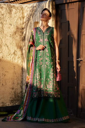 Serena emerald designer stitched lawn suit with embroidery and printed silk dupatta at Pakistanimoda