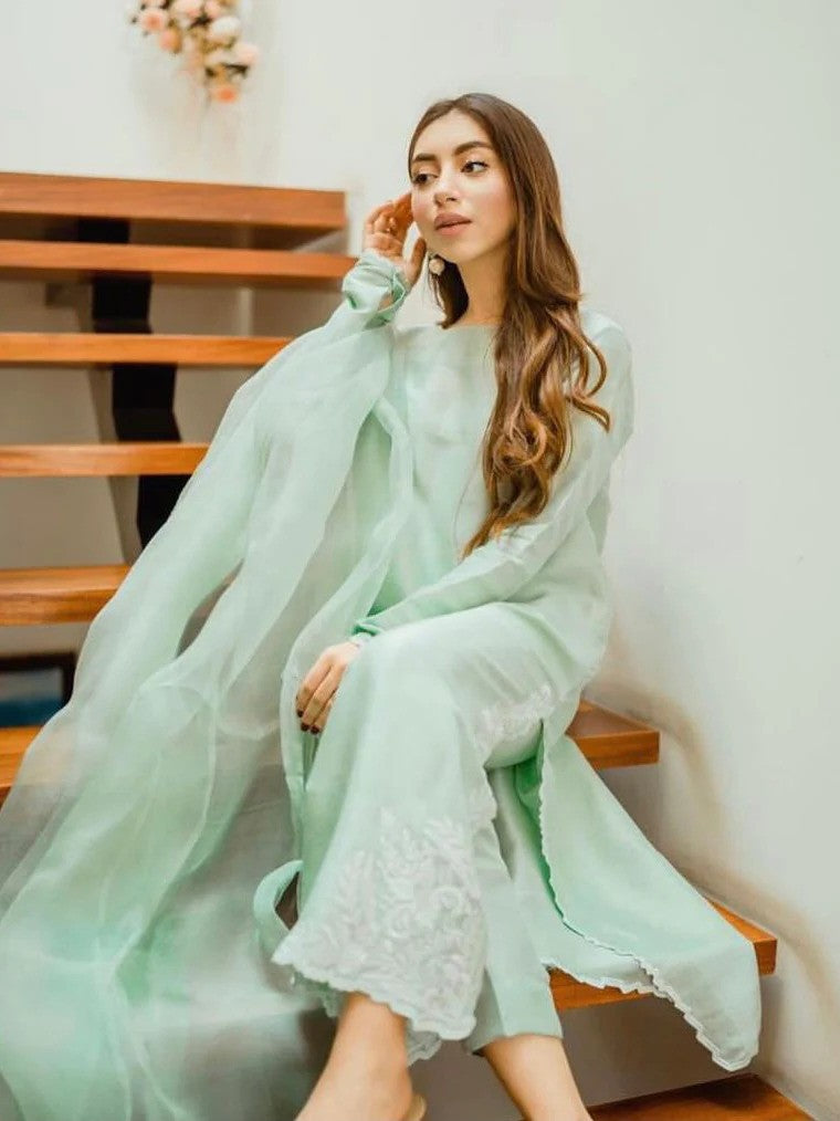 Mint green Pakistani silk shirt with embroidered borders and matching pants – 2-piece outfit for casual and formal wear.