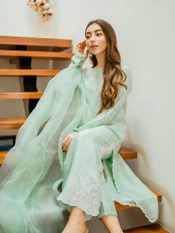 Mint green Pakistani silk shirt with embroidered borders and matching pants – 2-piece outfit for casual and formal wear.