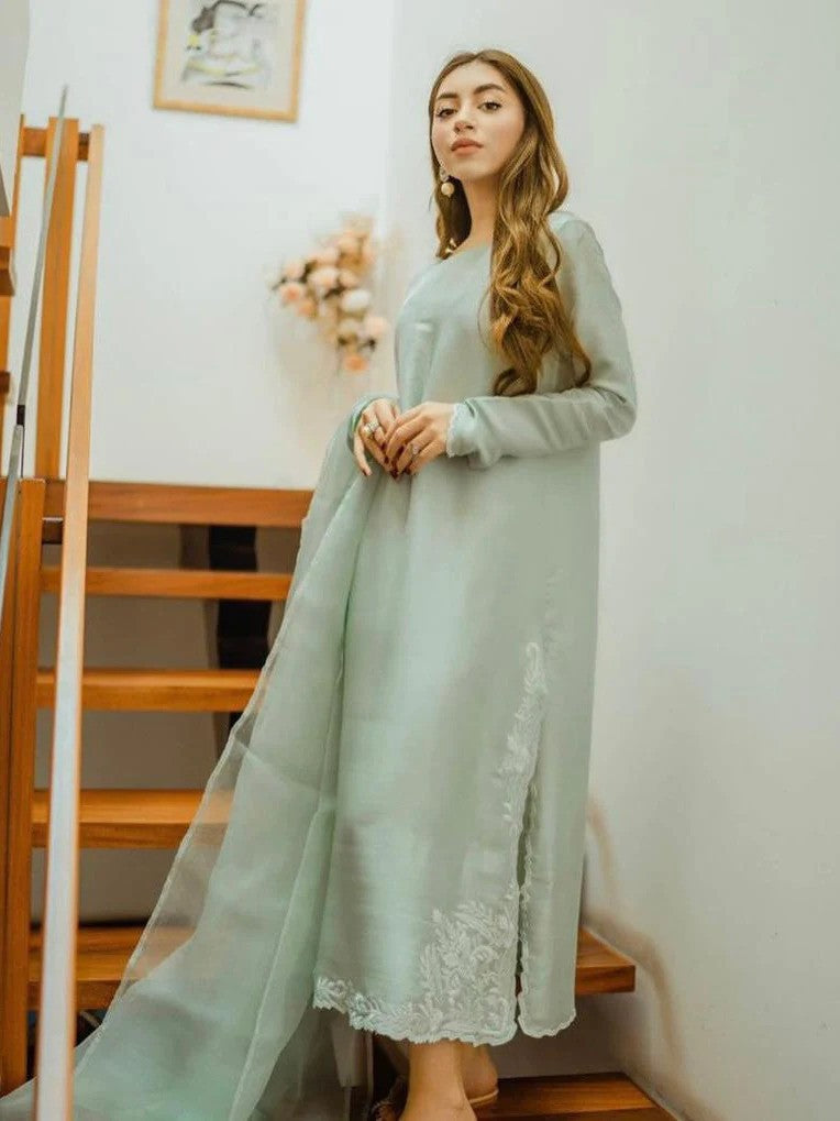 Mint green Pakistani silk shirt with embroidered borders and matching pants – 2-piece outfit for casual and formal wear.