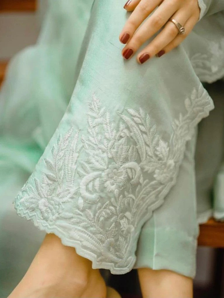 Mint green Pakistani silk shirt with embroidered borders and matching pants – 2-piece outfit for casual and formal wear.