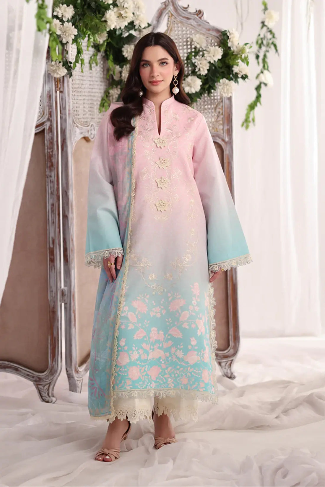 Serene Rang Rasiya Powder Blue luxury lawn stitched suit with embroidered front, organza borders, textured dupatta and cotton trousers