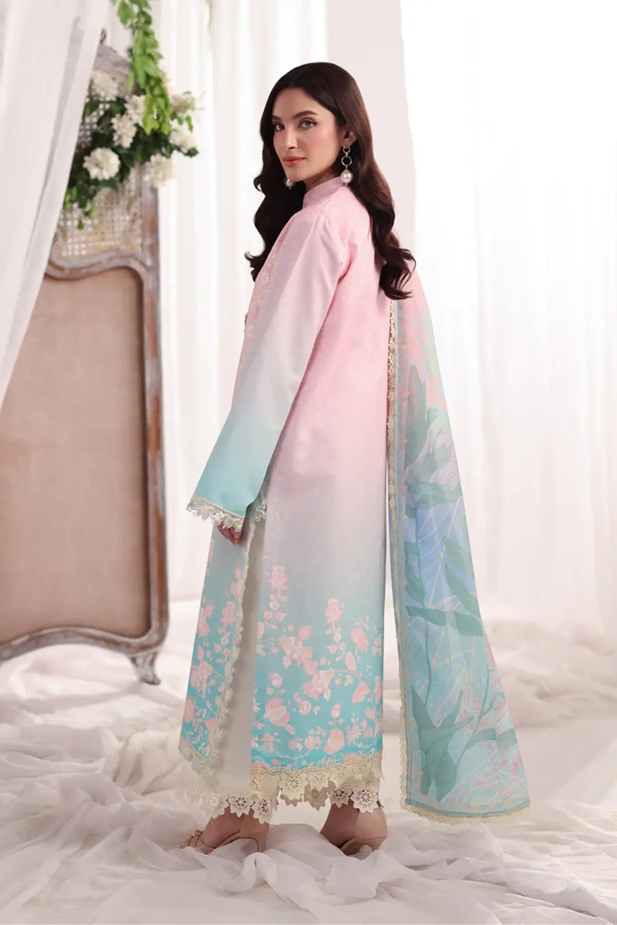 Serene Rang Rasiya Powder Blue luxury lawn stitched suit with embroidered front, organza borders, textured dupatta and cotton trousers