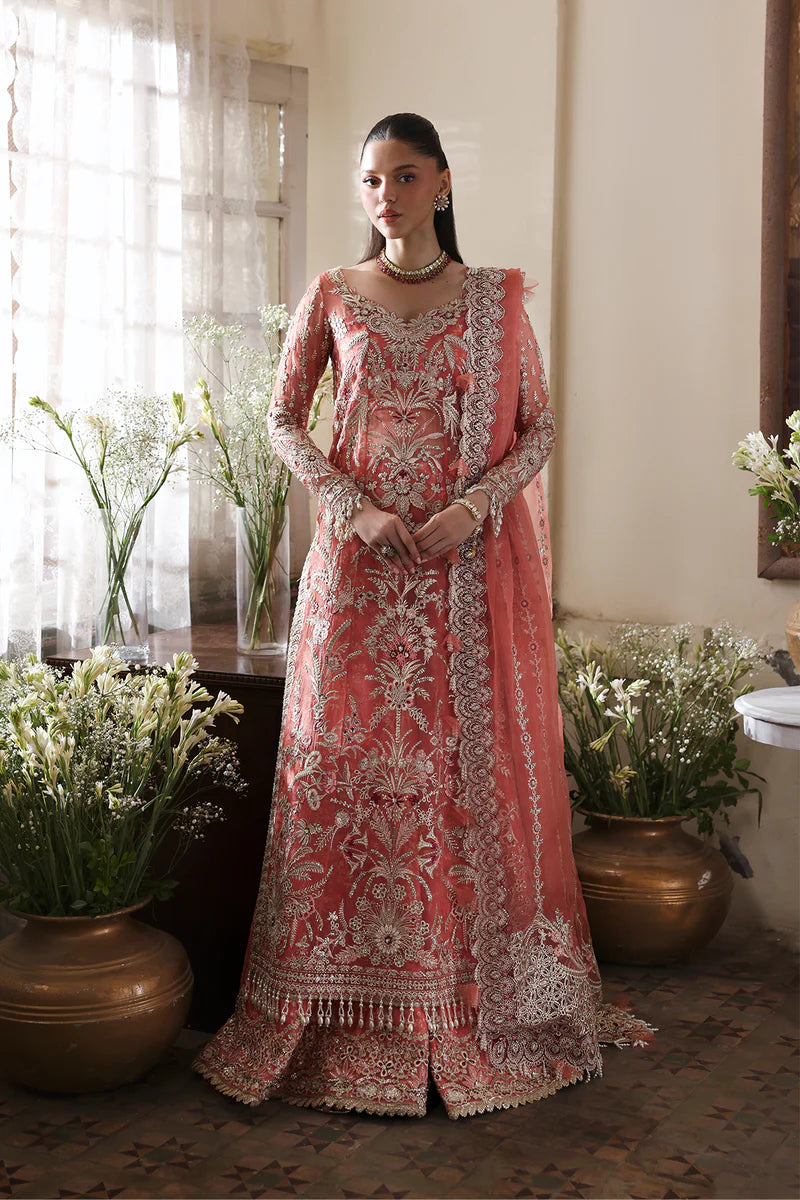 Serenight – Afrozeh Dastangoi 2025 Coral Pink Stitched Organza Formal Dress with Silver Embroidery and Tassel Hemline – Pakistanimoda