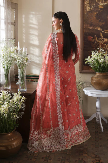 Serenight – Afrozeh Dastangoi 2025 Coral Pink Stitched Organza Formal Dress with Silver Embroidery and Tassel Hemline – Pakistanimoda