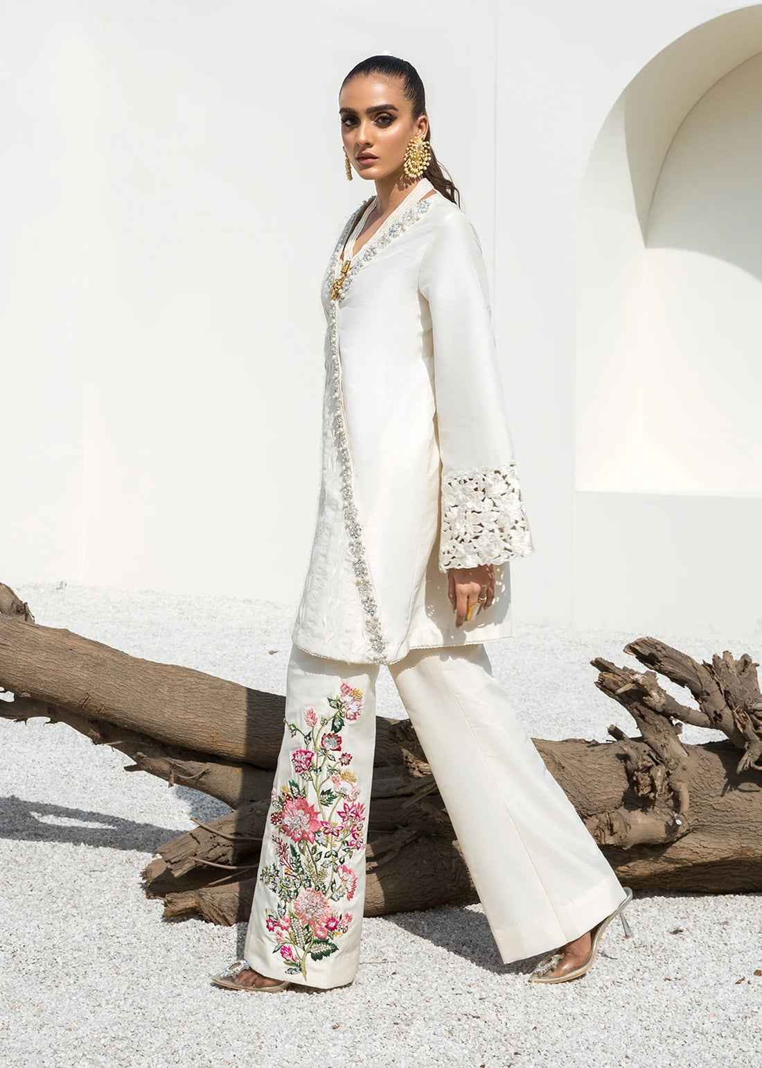 White raw silk crossover shirt with pants – elegant two-piece outfit.