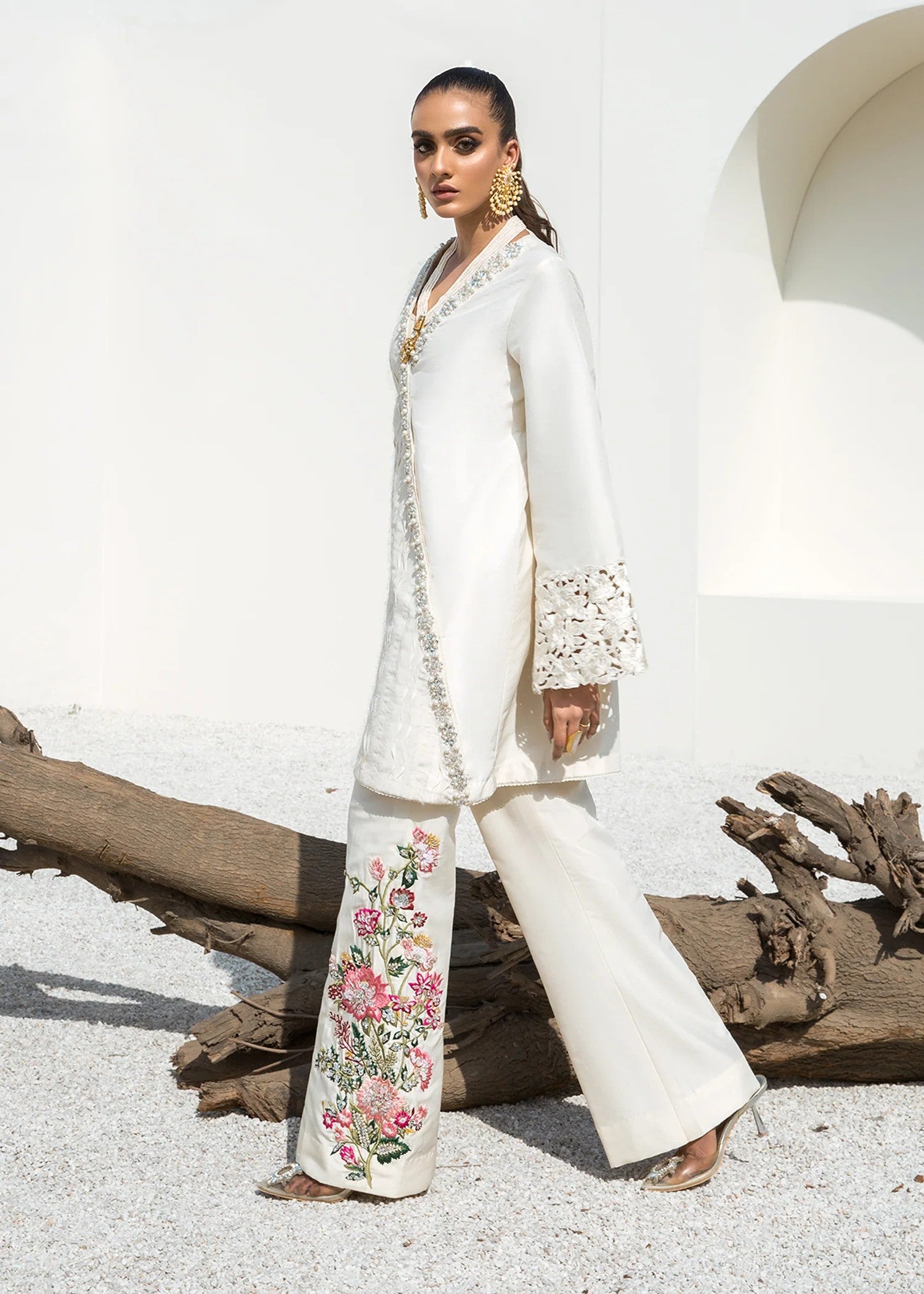 White raw silk crossover shirt with pants – elegant two-piece outfit.