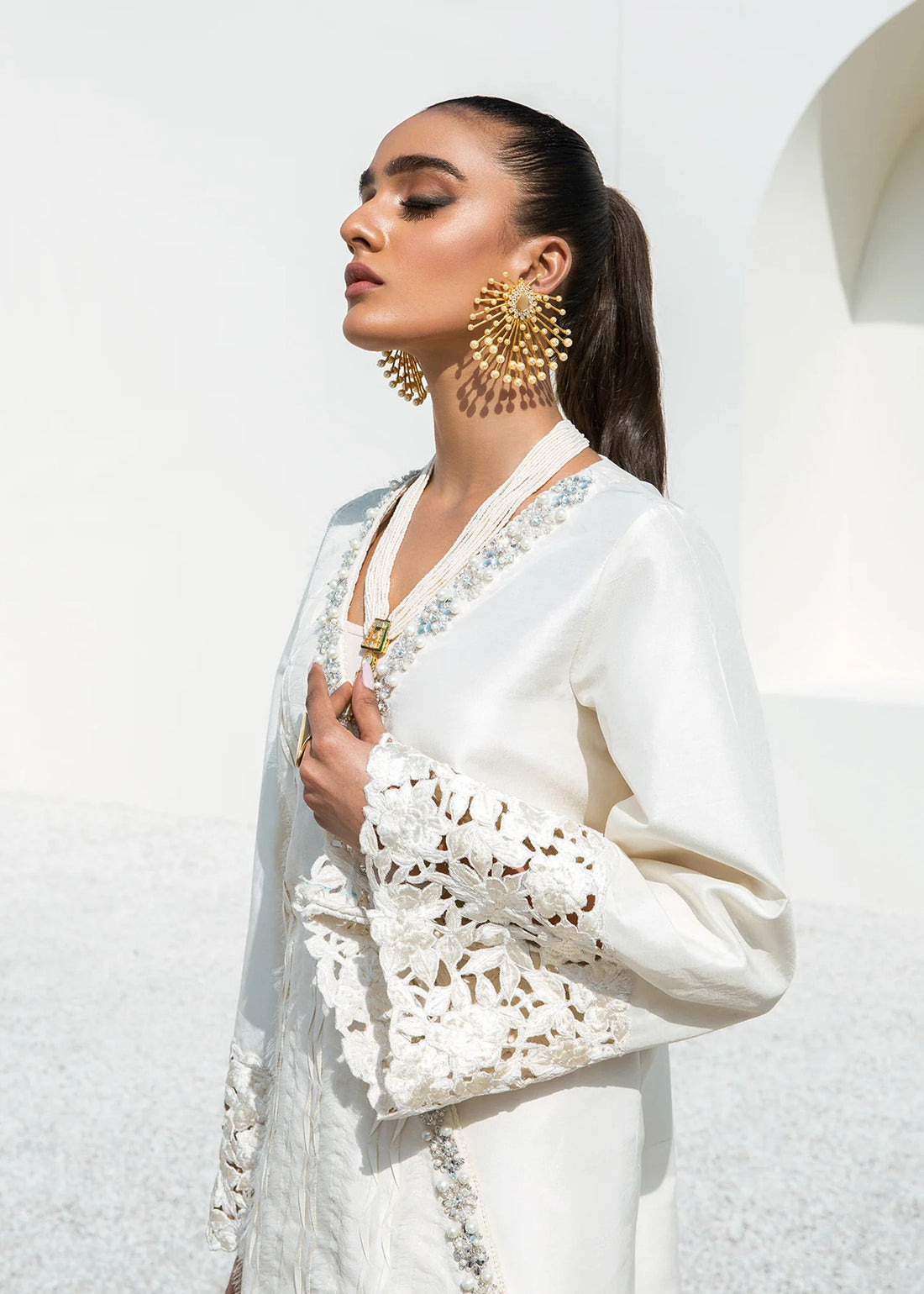 White raw silk crossover shirt with pants – elegant two-piece outfit.