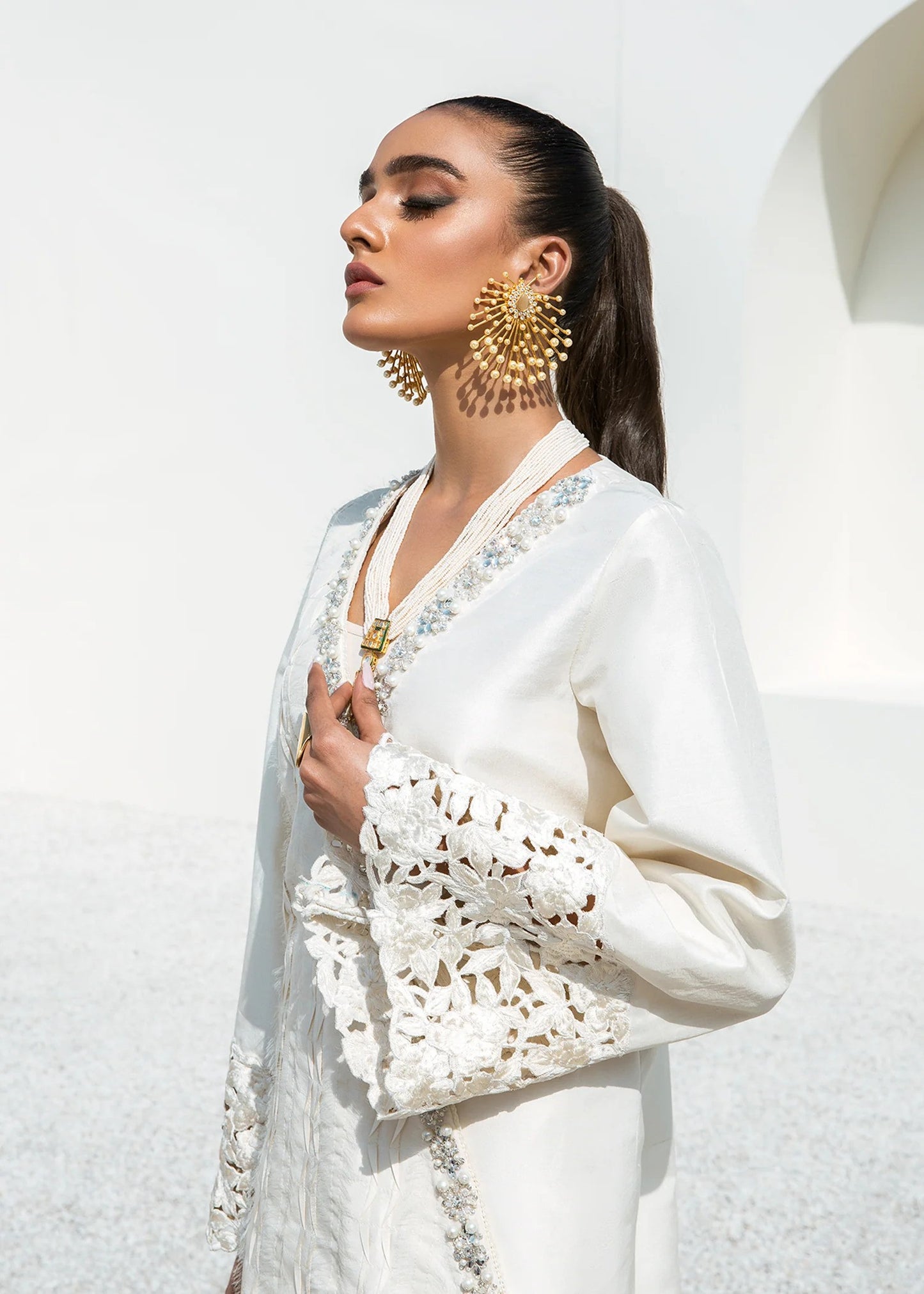 White raw silk crossover shirt with pants – elegant two-piece outfit