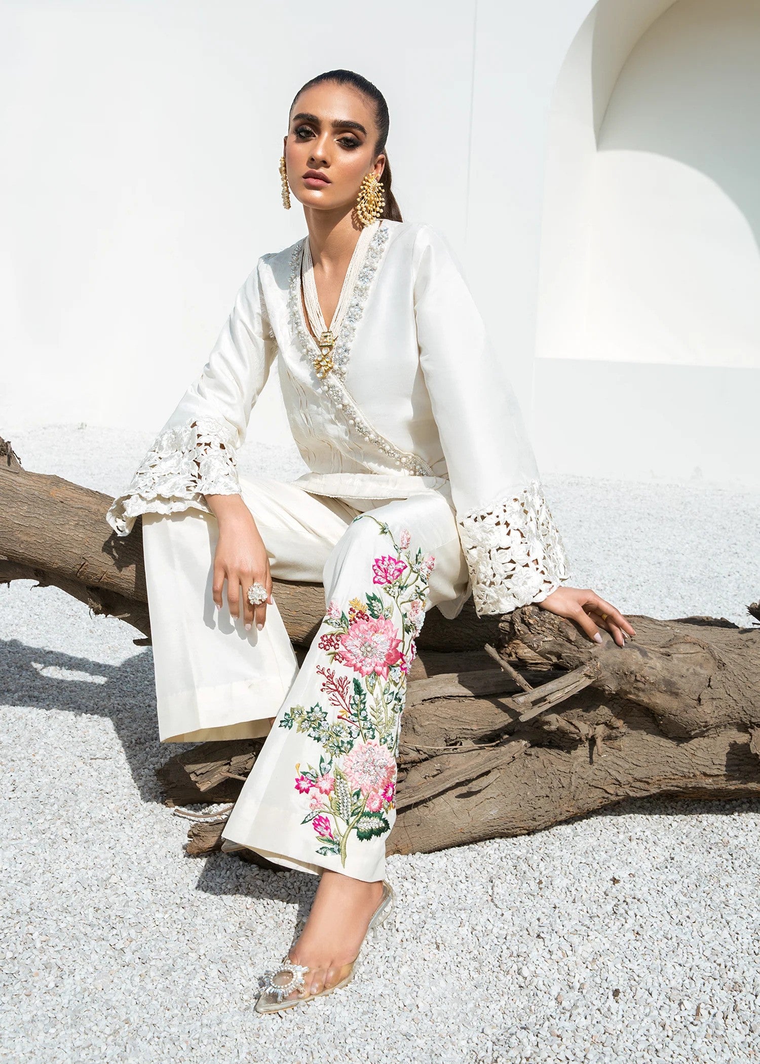 White raw silk crossover shirt with pants – elegant two-piece outfit.