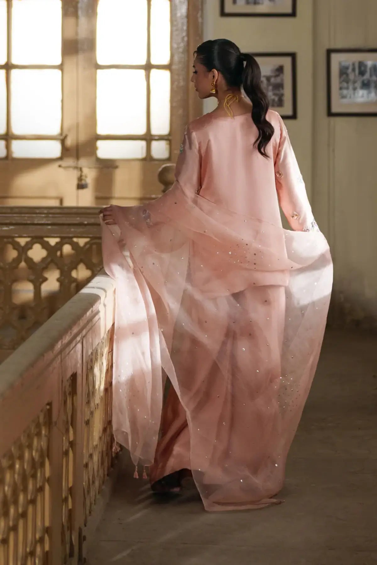 Serenity peach silk stitched sharara 3PC suit with organza dupatta formal outfit Pakistanimoda