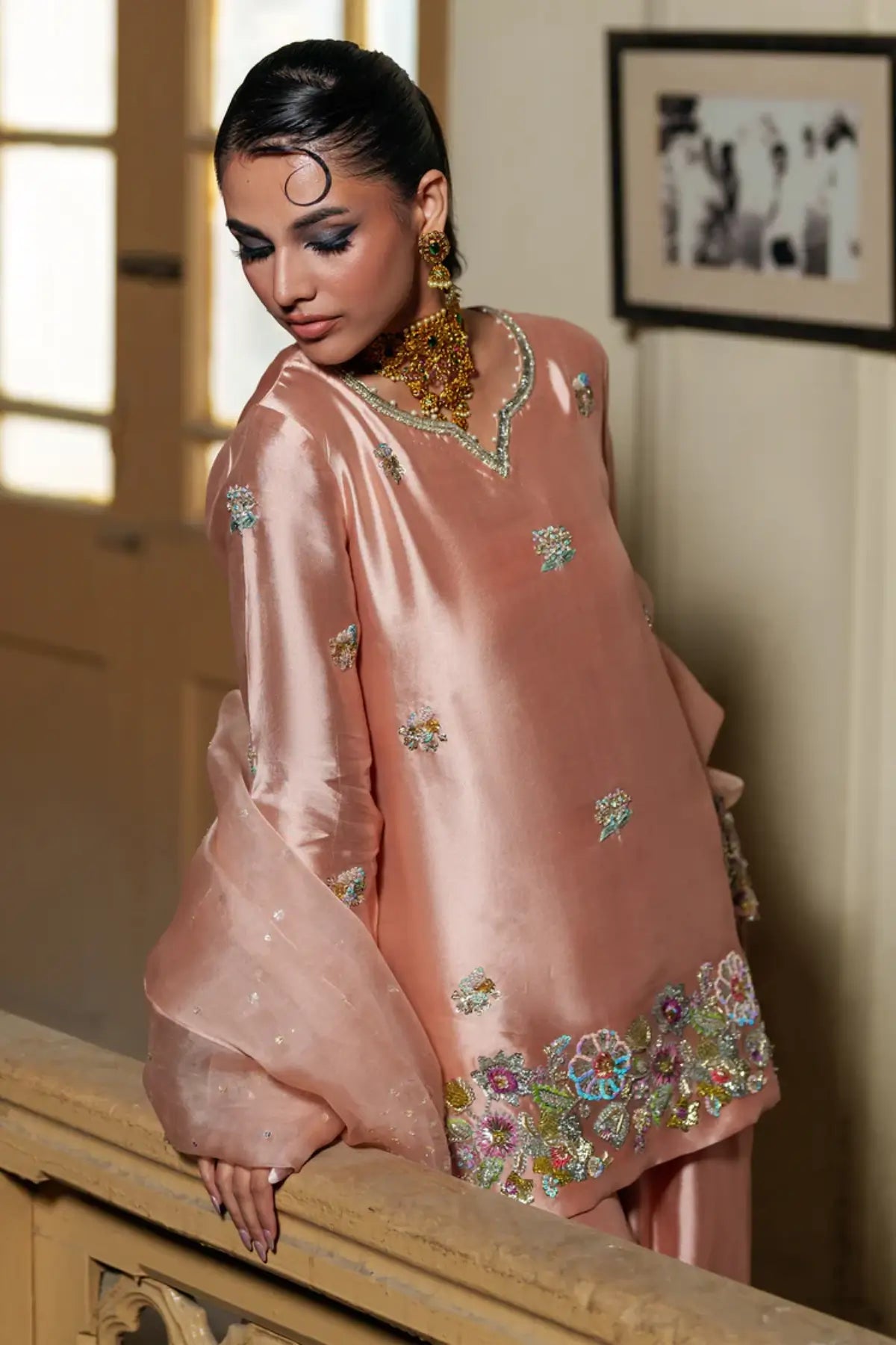 Serenity peach silk stitched sharara 3PC suit with organza dupatta formal outfit Pakistanimoda