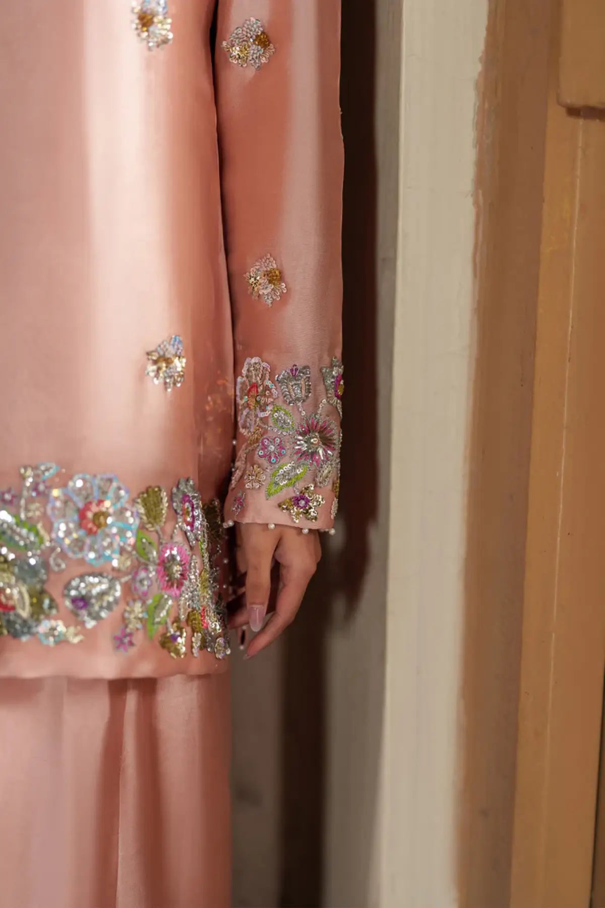 Serenity peach silk stitched sharara 3PC suit with organza dupatta formal outfit Pakistanimoda