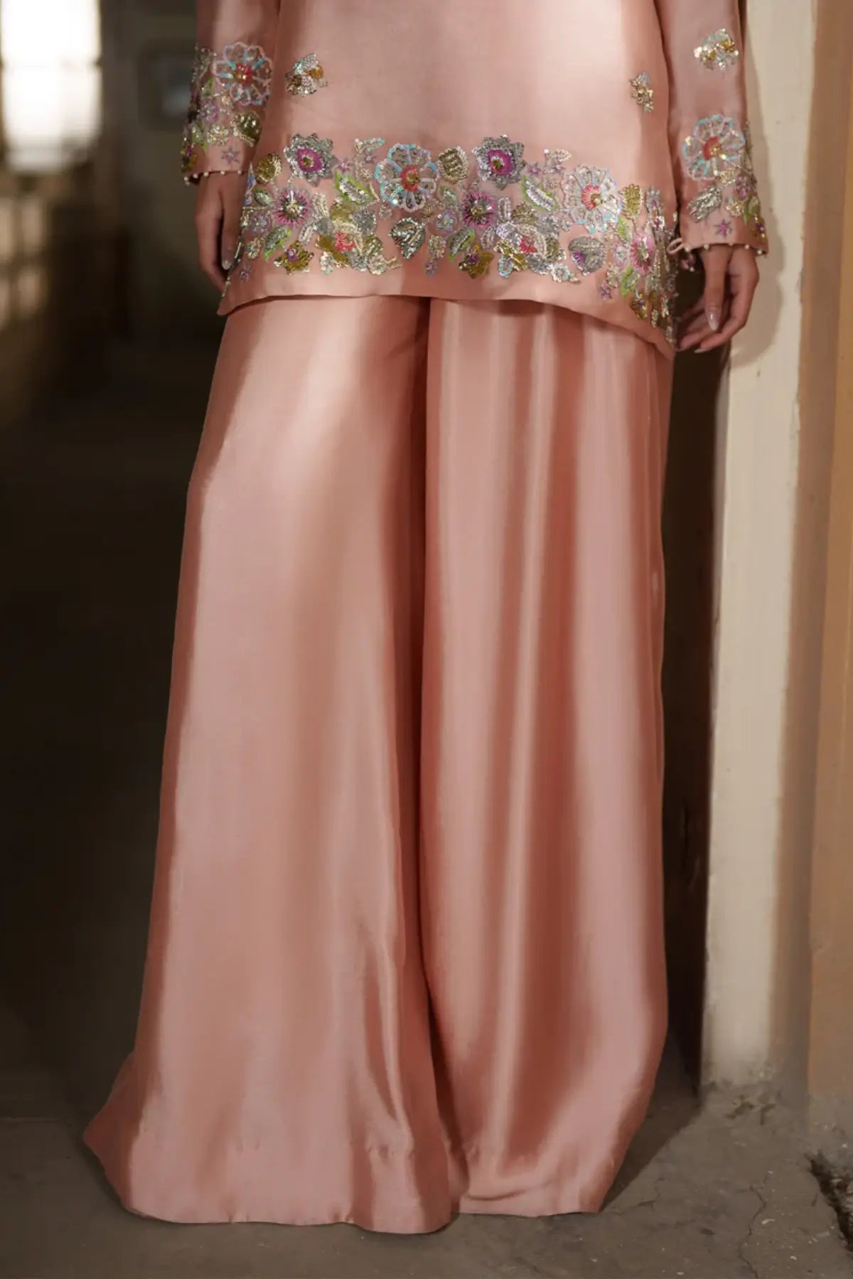 Serenity peach silk stitched sharara 3PC suit with organza dupatta formal outfit Pakistanimoda