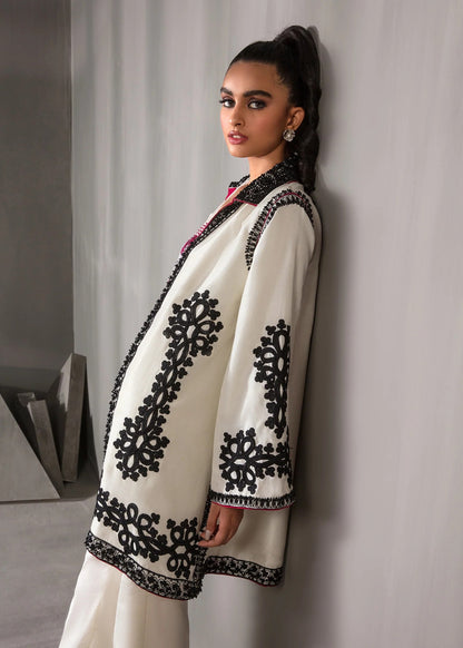 White embroidered raw silk gown with matching pants – formal wear set