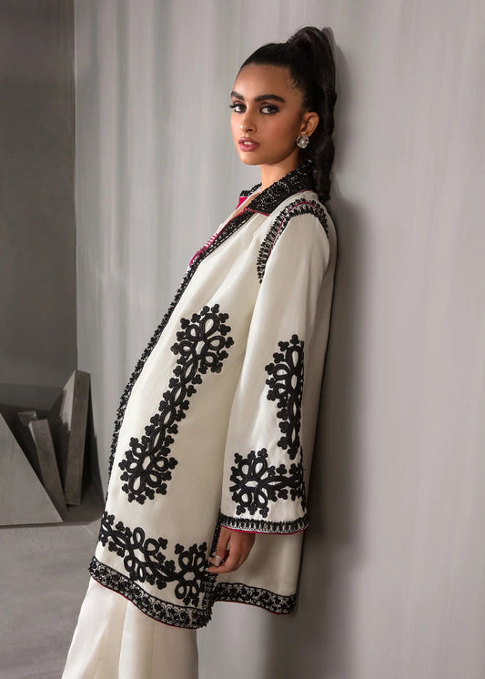 White embroidered raw silk gown with matching pants – formal wear set