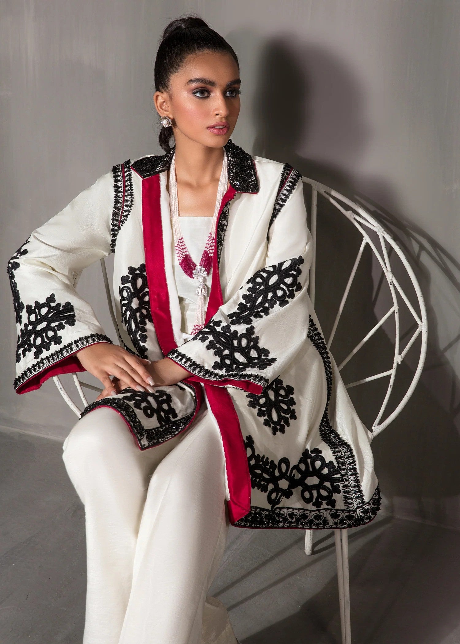 White embroidered raw silk gown with matching pants – formal wear set