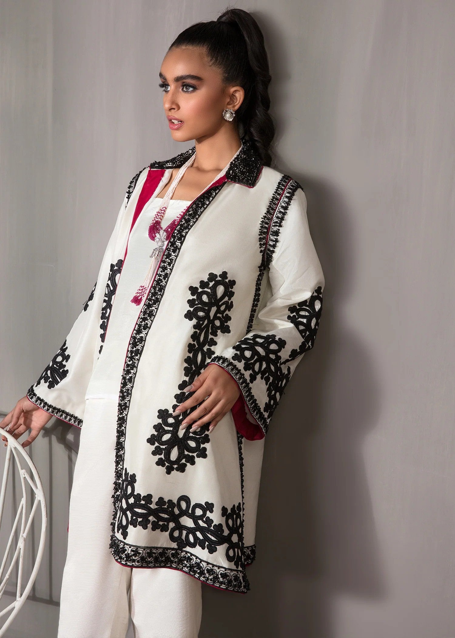 White embroidered raw silk gown with matching pants – formal wear set

