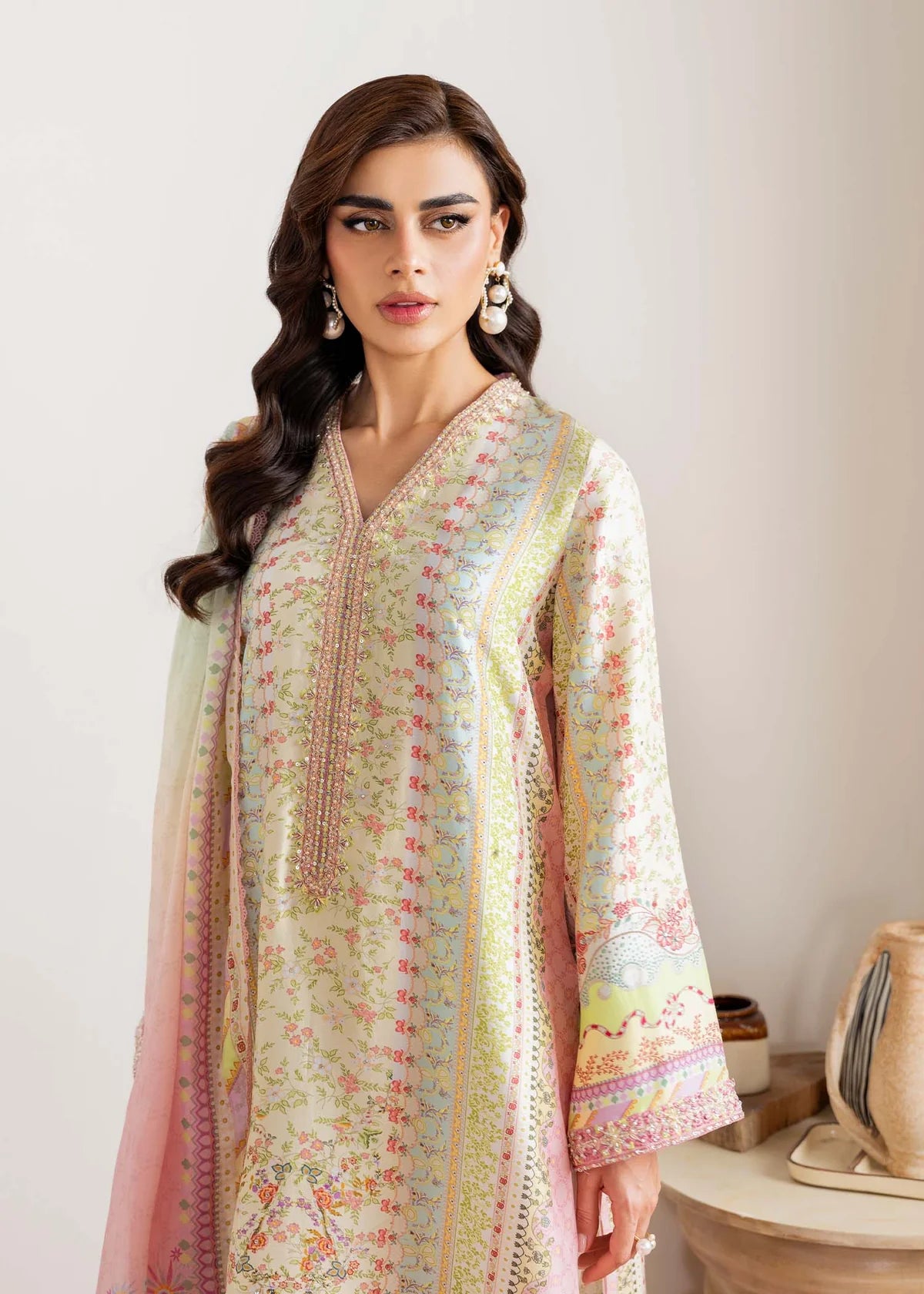 Seris-Pastel embroidered raw silk Eid outfit for women by-Kanwal Malik