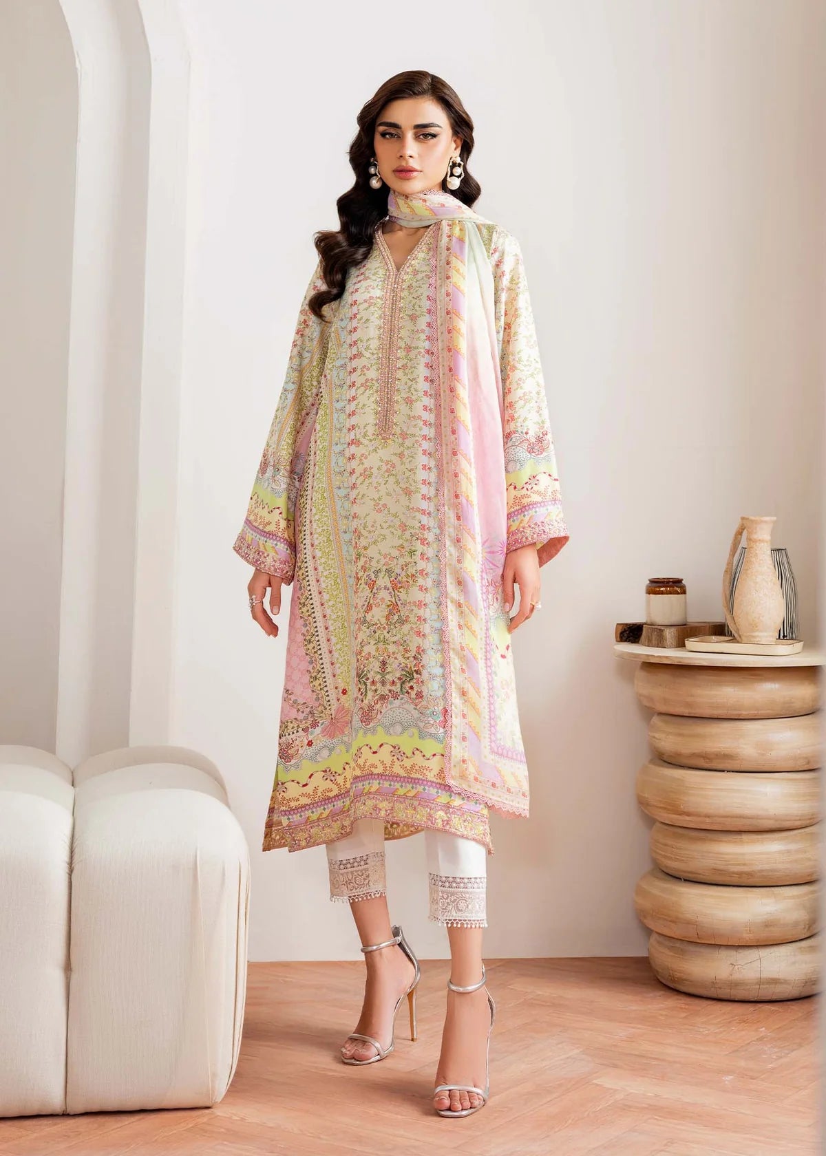 Seris-Pastel embroidered raw silk Eid outfit for women by-Kanwal Malik