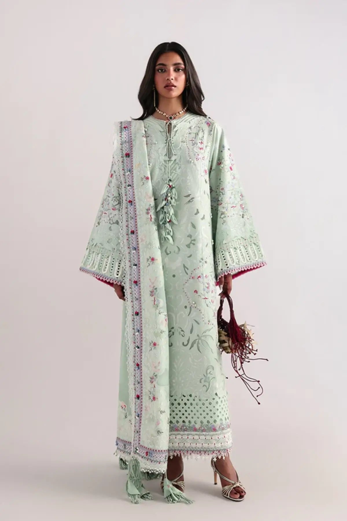 Seroli mint green Lawn Eid 2026 festive suit by Suffuse with chiffon dupatta