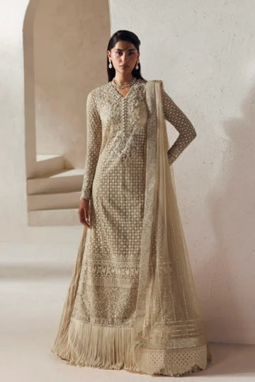 Sevilla Modern Muse 26 champagne gold net Nikkah stitched sharara suit with hand embellishment, silk sharara and embroidered net dupatta
