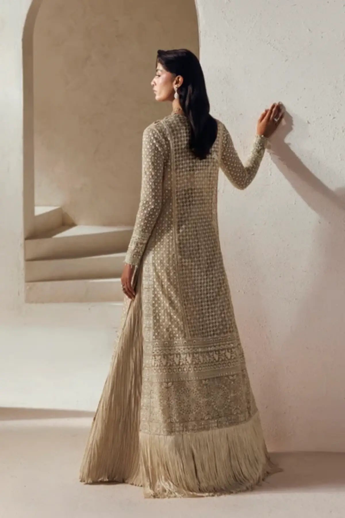 Sevilla Modern Muse 26 champagne gold net Nikkah stitched sharara suit with hand embellishment, silk sharara and embroidered net dupatta