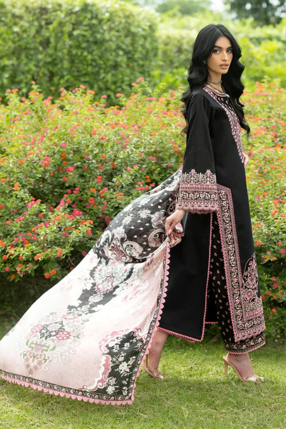 Seya 10 black statement stitched lawn 3PC suit with silk dupatta by Zainab Chottani Pakistanimoda