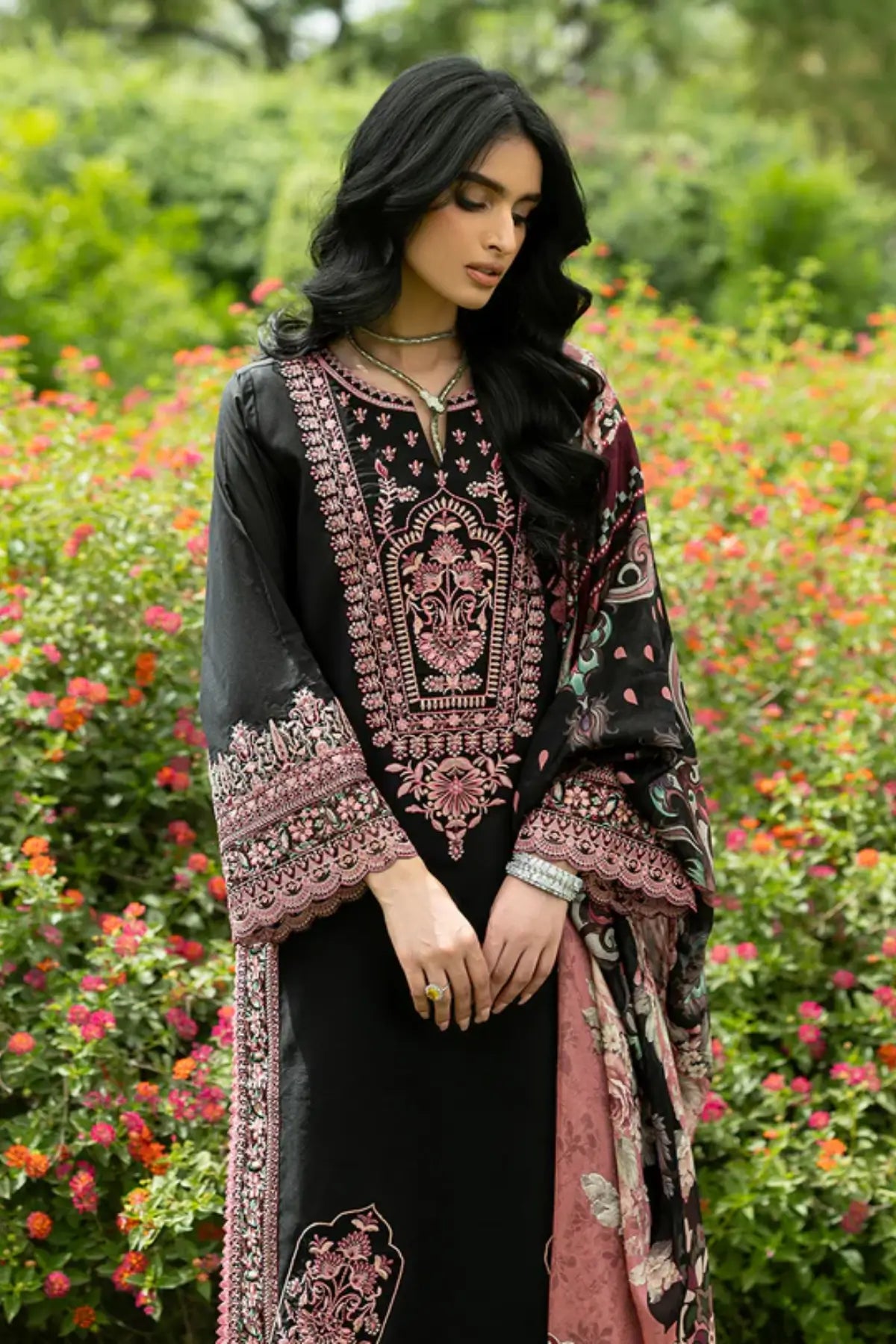 Seya 10 black statement stitched lawn 3PC suit with silk dupatta by Zainab Chottani Pakistanimoda