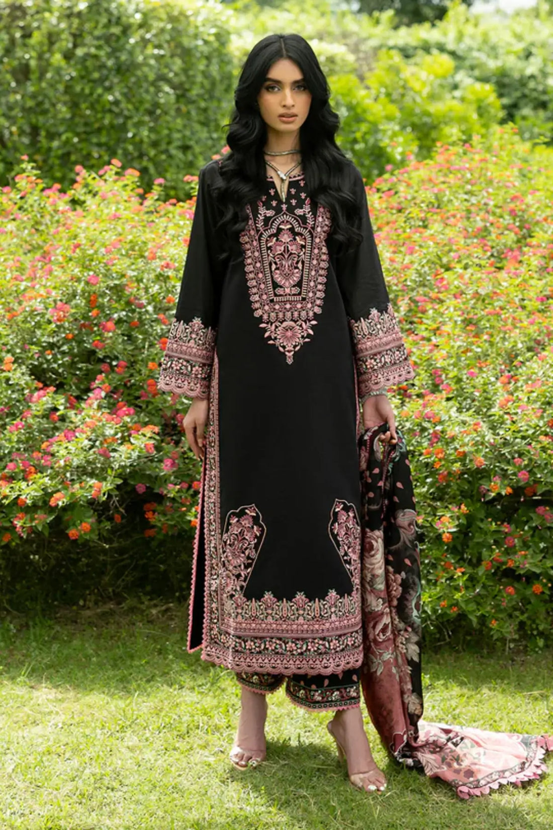 Seya 10 black statement stitched lawn 3PC suit with silk dupatta by Zainab Chottani Pakistanimoda