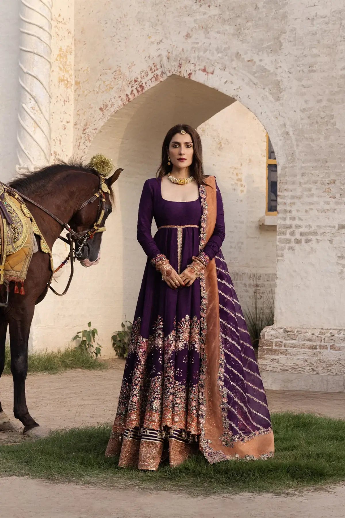 Shabnam Hussain Rehar plum embroidered raw silk stitched Peshwas and sharara with organza dupatta