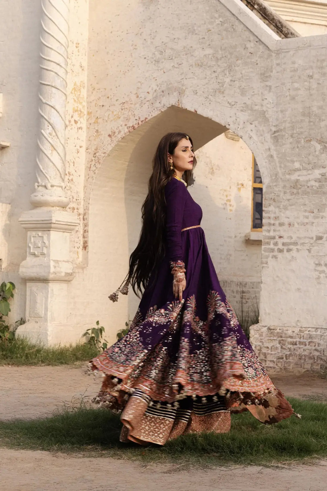 Shabnam Hussain Rehar plum embroidered raw silk stitched Peshwas and sharara with organza dupatta