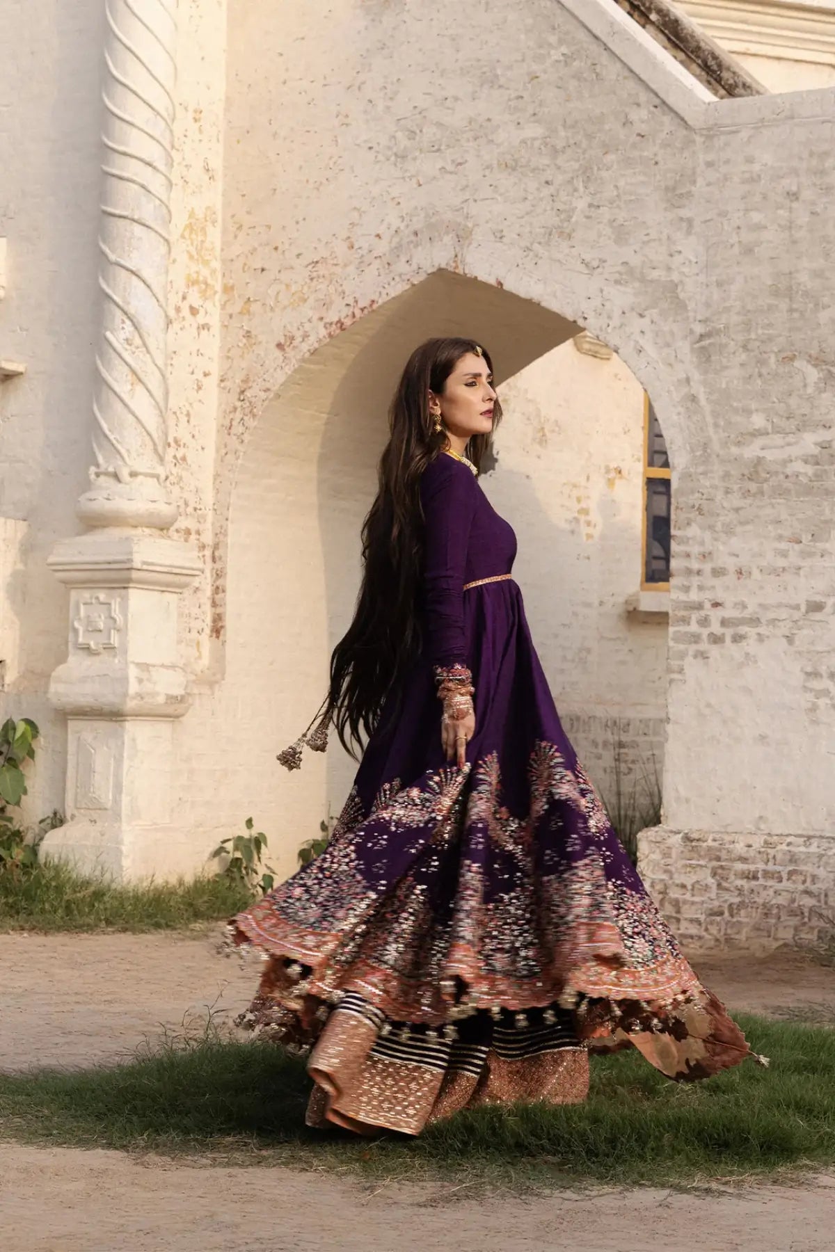 Shabnam Hussain Rehar plum embroidered raw silk stitched Peshwas and sharara with organza dupatta