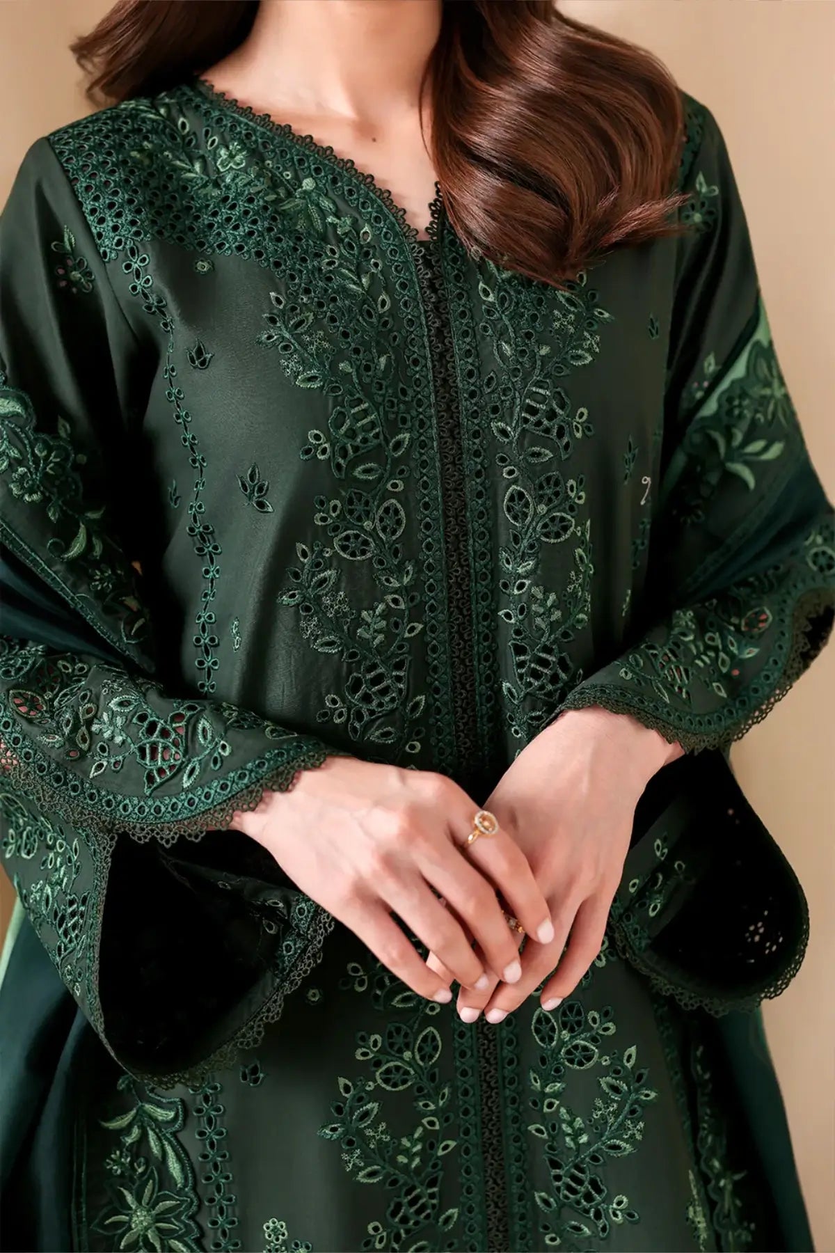 Shades Of Emerald by Azure dark green lawn stitched 3PC suit with embroidered shirt and tie-dye viscose silk dupatta