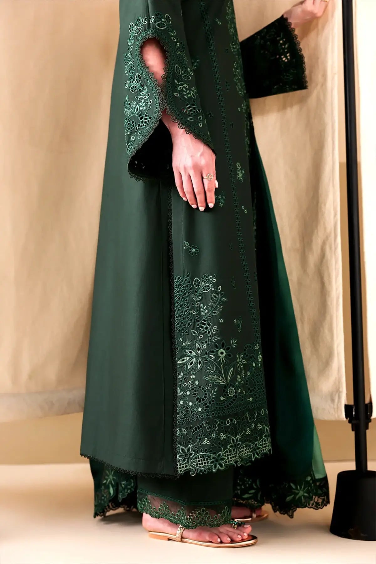 Shades Of Emerald by Azure dark green lawn stitched 3PC suit with embroidered shirt and tie-dye viscose silk dupatta