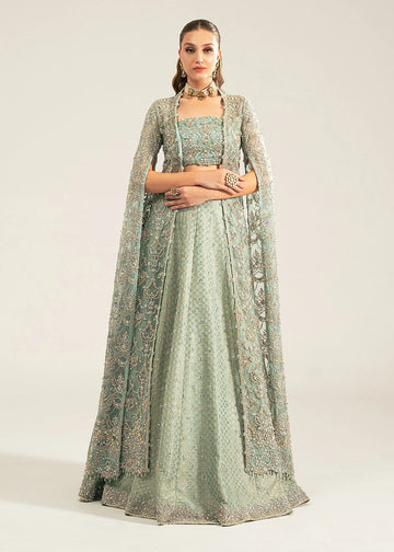 Shafaq by Kanwal Malik stitched bridal outfit in ice blue with hand-embellished organza shirt, bustier, and Jamavar lehenga – formal wear for weddings abroad.

