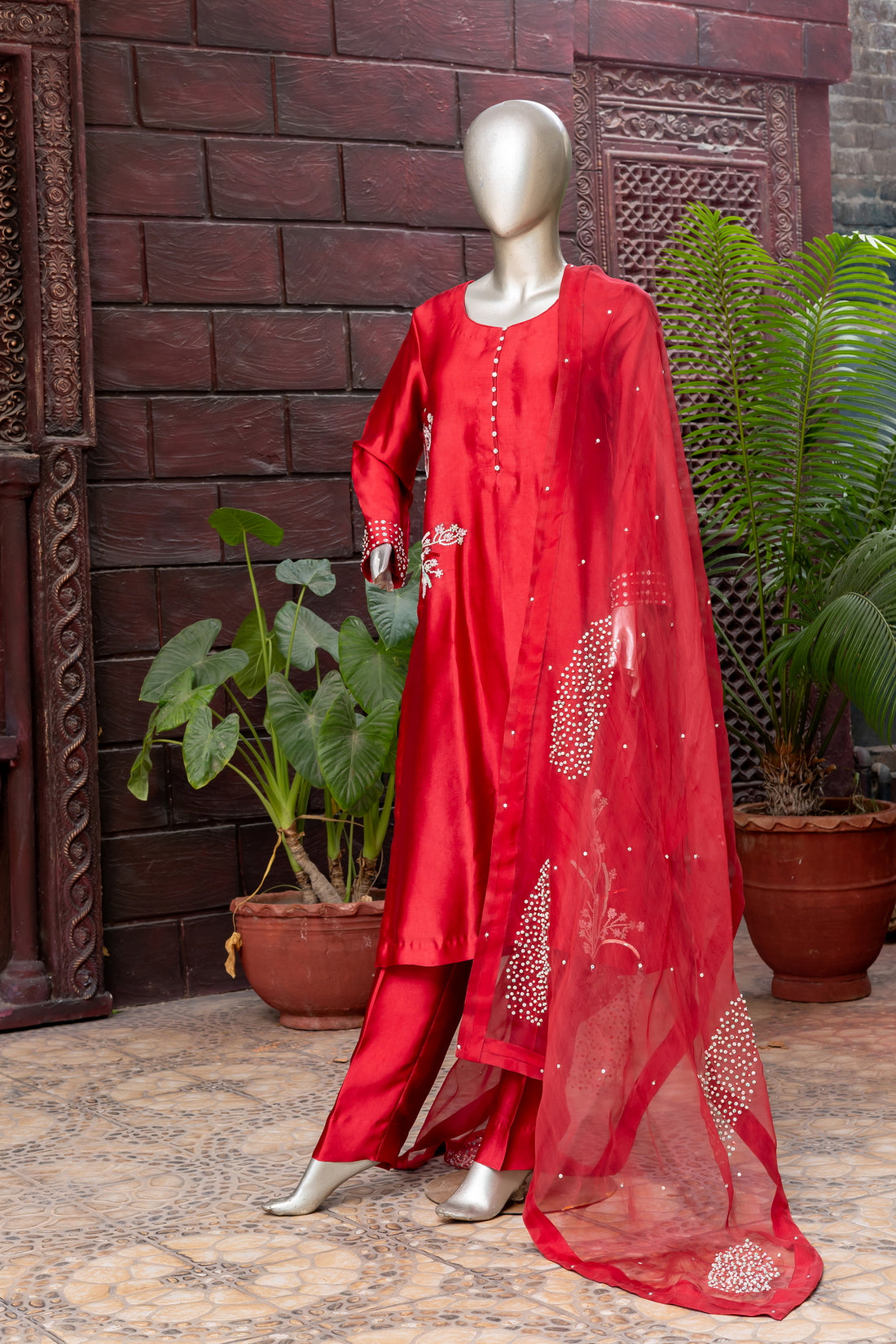 Shafaq – Red Sheesha Silk Dress with Organza Dupatta for Women