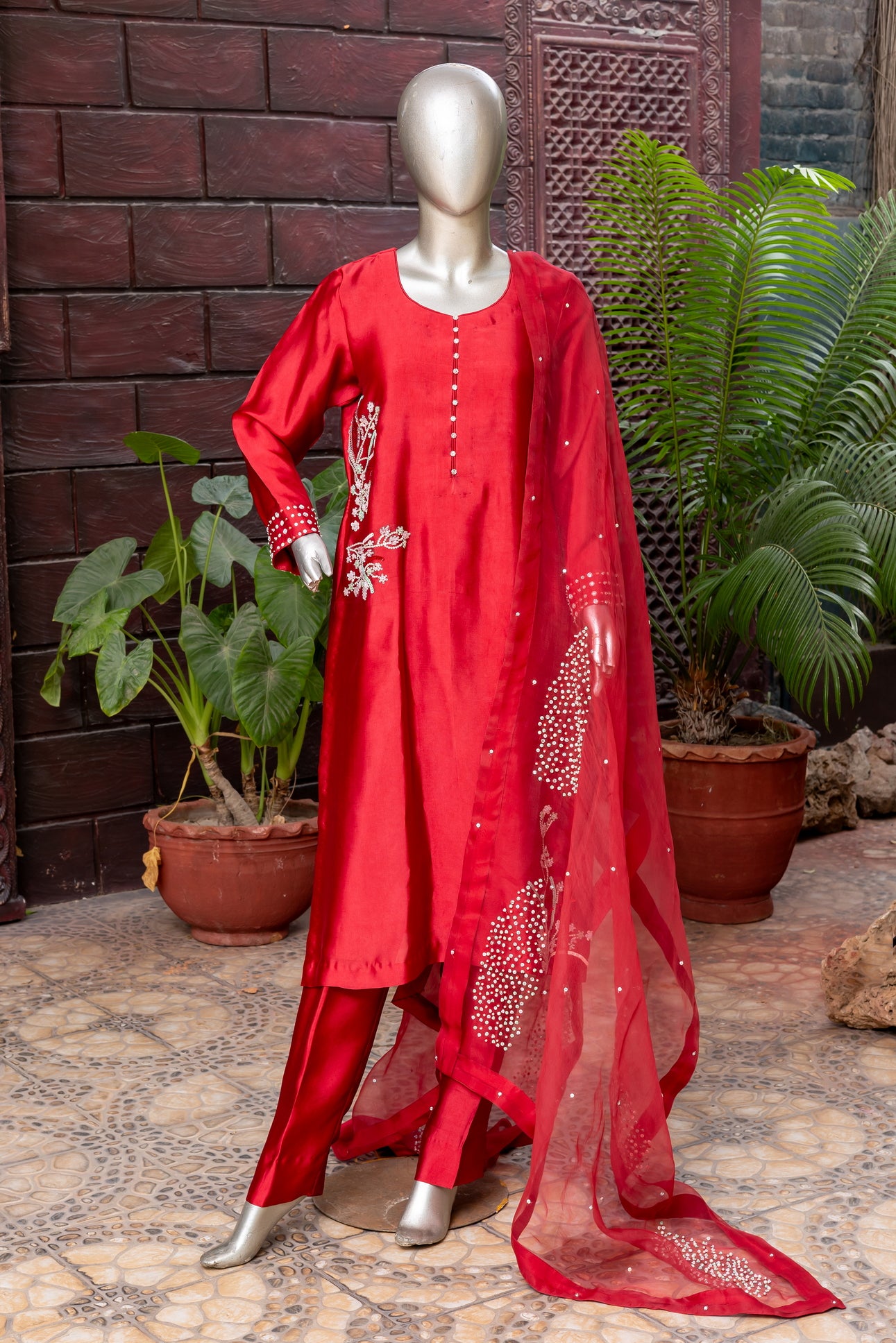 Shafaq – Red Sheesha Silk Dress with Organza Dupatta for Women