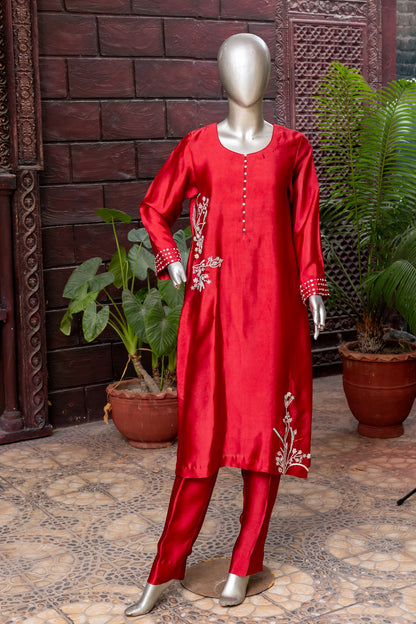 Shafaq – Red Sheesha Silk Dress with Organza Dupatta for Women