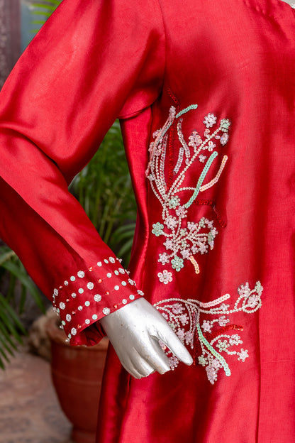 Shafaq – Red Sheesha Silk Dress with Organza Dupatta for Women