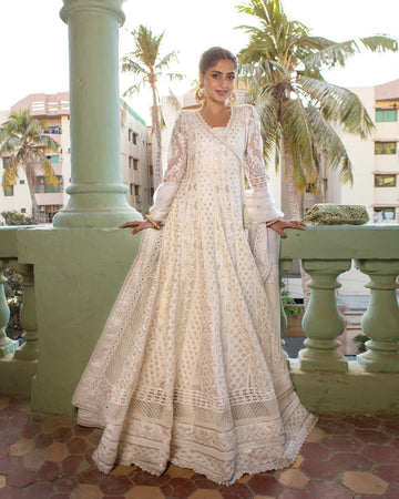Shahana - White Silk Anarkali Dress By Faiza Saqlain
