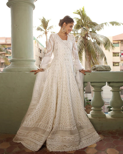 Shahana - White Silk Anarkali Dress By Faiza Saqlain