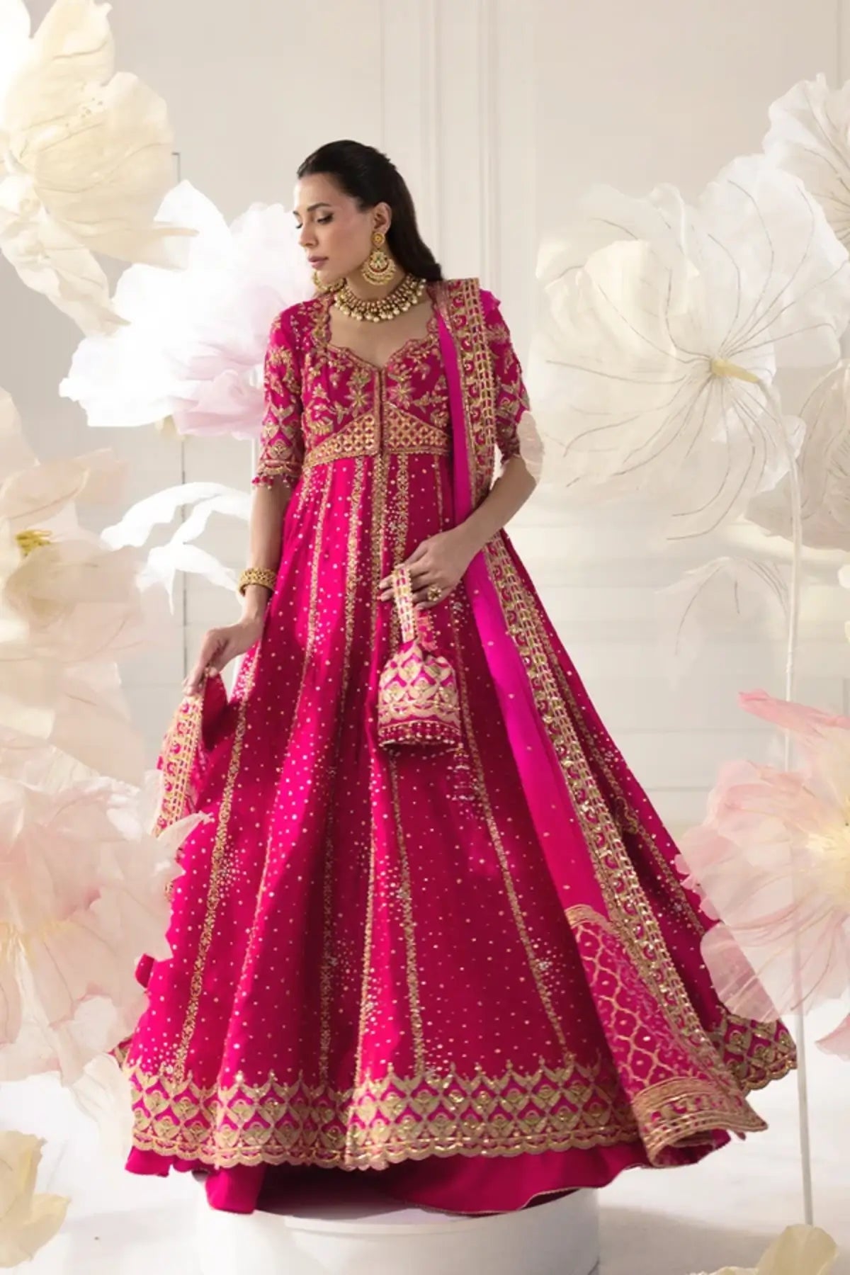 Shahbano Hot Pink Crystal Embellished Sheesha Silk Pishwas with Gold Tilla Work, Cotton Silk Lehenga, Chiffon Dupatta and Potli Pouch
