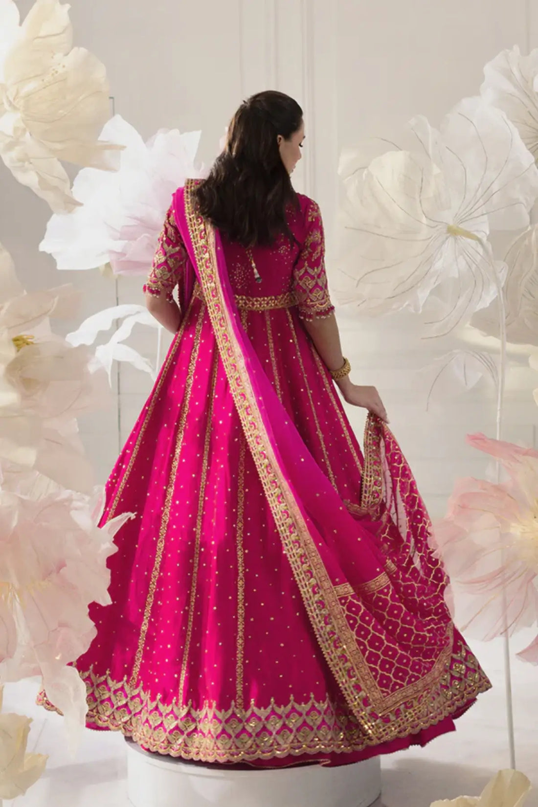 Shahbano Hot Pink Crystal Embellished Sheesha Silk Pishwas with Gold Tilla Work, Cotton Silk Lehenga, Chiffon Dupatta and Potli Pouch