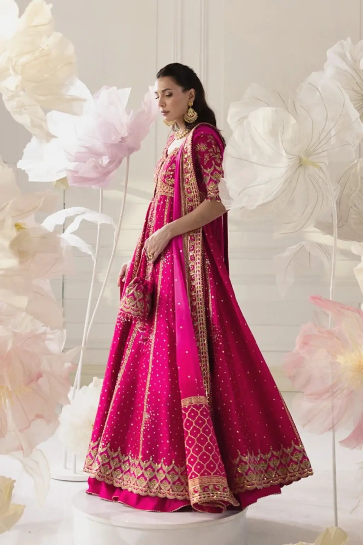 Shahbano Hot Pink Crystal Embellished Sheesha Silk Pishwas with Gold Tilla Work, Cotton Silk Lehenga, Chiffon Dupatta and Potli Pouch